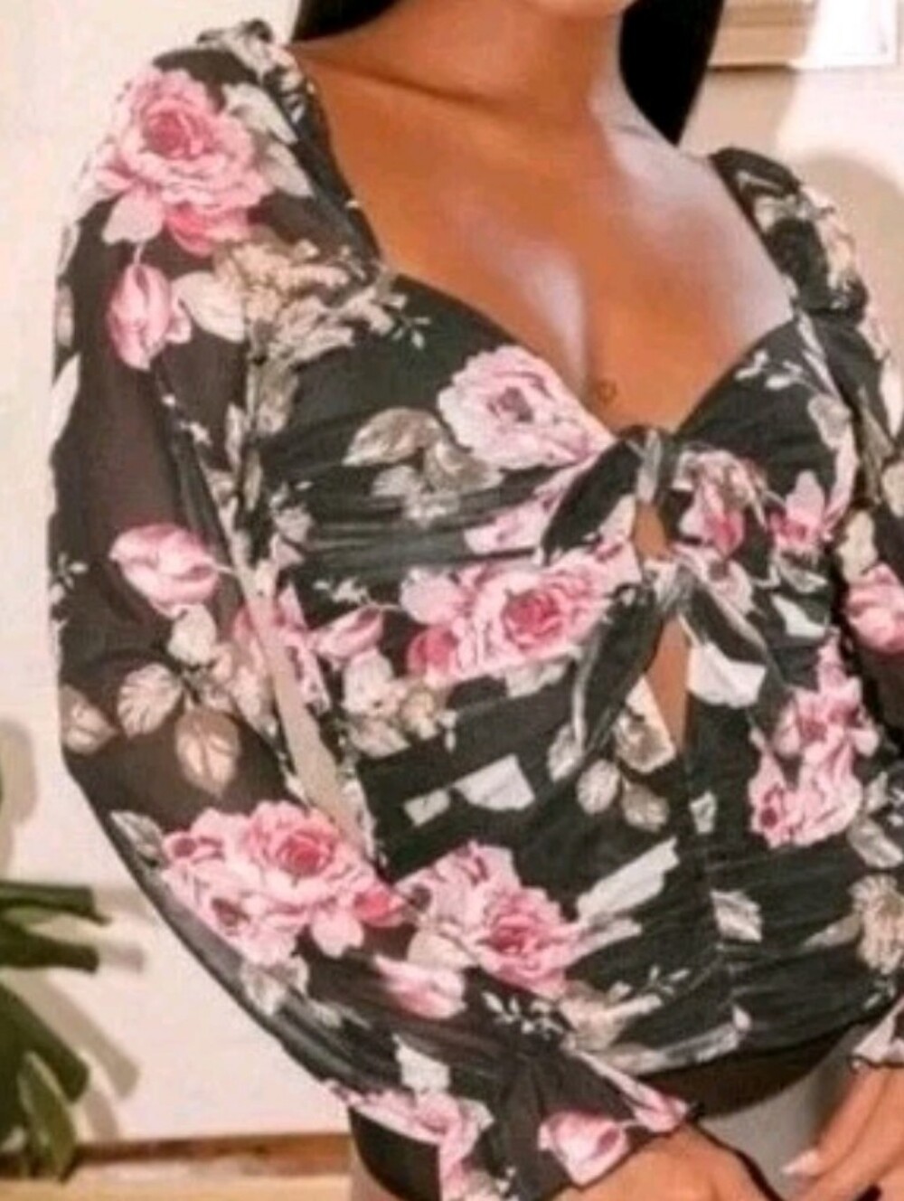 Lulus Get Together Black Floral print Tie Front Long Sleeve Body Suit Small